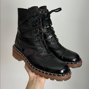 Chanel black patent leather chain link trim accent ankle boots combat booties 40